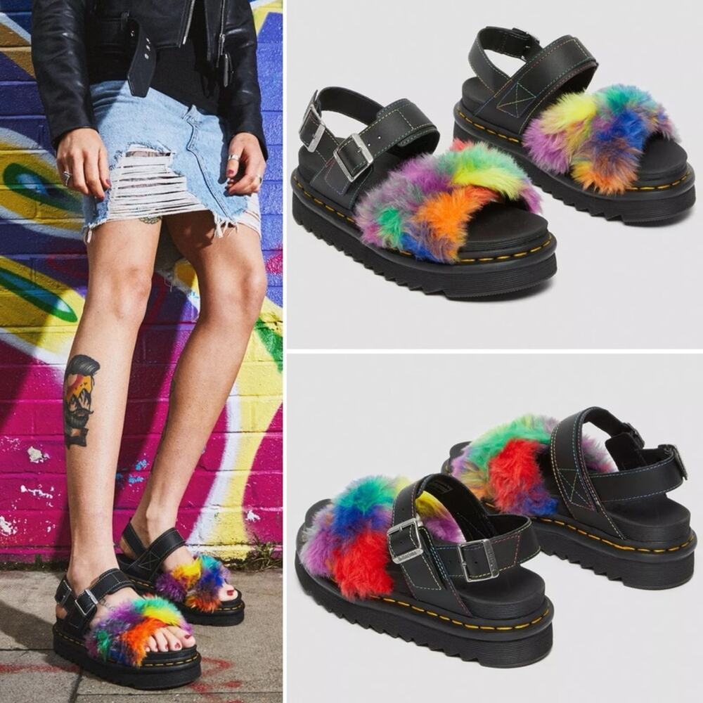 Dr Martens Voss II Fluffy Faux Fur Platform Sandals Size 9 Multicolor Chunky NEW